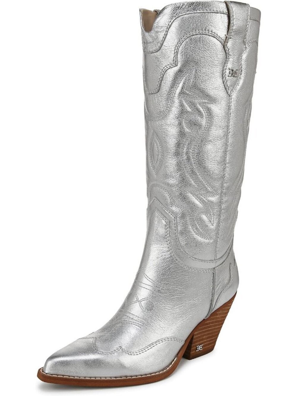 Sam Edelman Women's James Silver Slip On Cowboy Boot Cuban heel Wide Calf